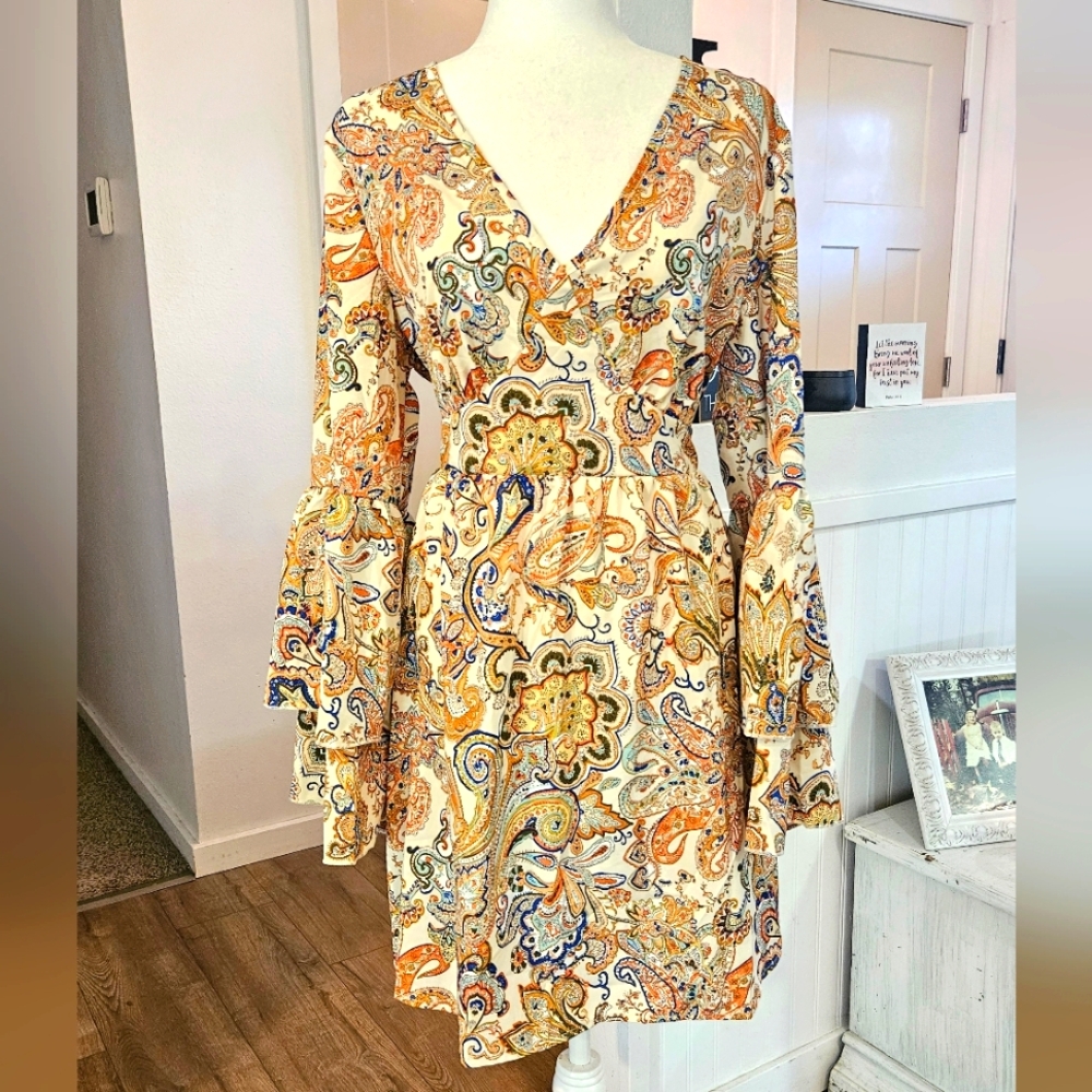 NWT'S - OVER THE MOON - Super Cute Gold Tone Paisly Dress - Size Large